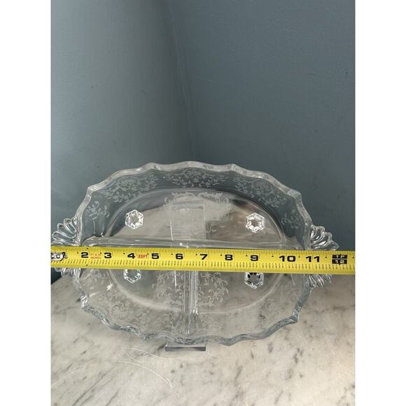 Fostoria Meadow Rose 3 Part Glass Footed Relish Dish Etched Crystal Vintage - Picture 3 of 15